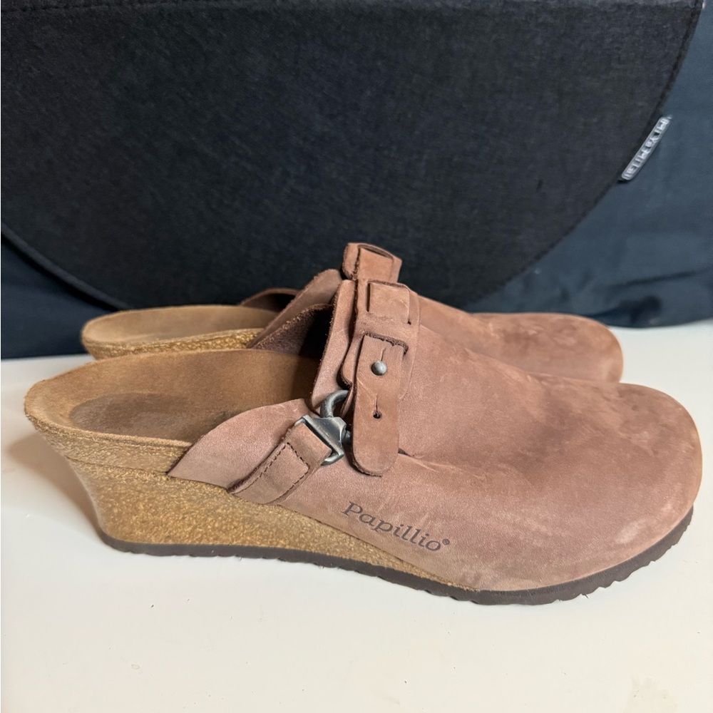 Papillio Brown Suede Clogs with Buckle